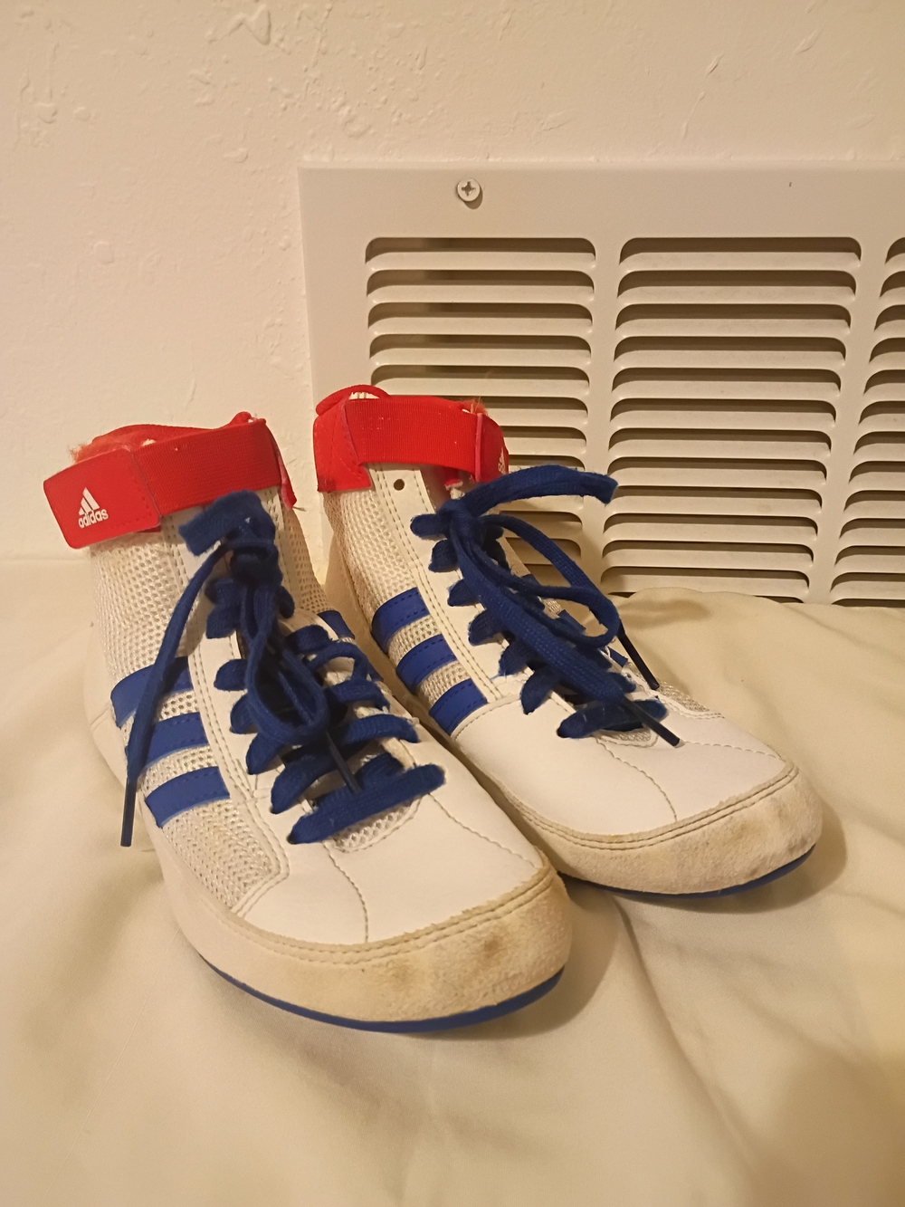 Adidas Kids White Sneakers with Blue Stripes and Red Ankle Strap